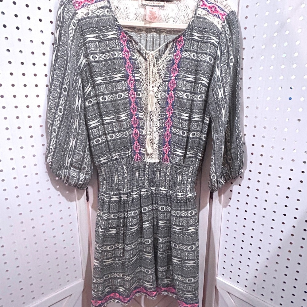 Flying Tomato Boho Aztec Print Embroidered Lace Trimmed Smocked Waist Dress M